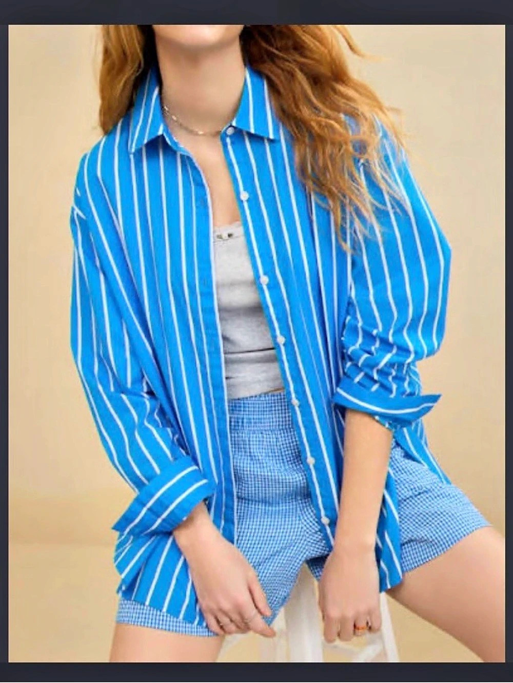 Aerie Good Day Striped Cotton Button Down in Blue & White Medium Tunic NWOT